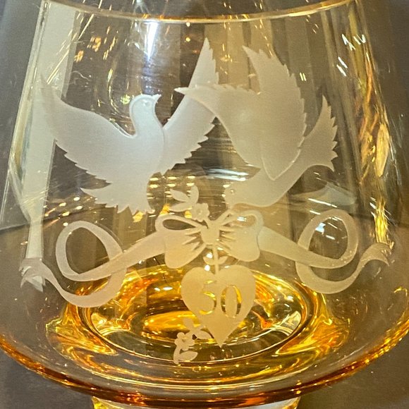 Vintage Amber Golden Anniversary Celebration Glass Bowl 50th Birds Etching - Picture 3 of 6